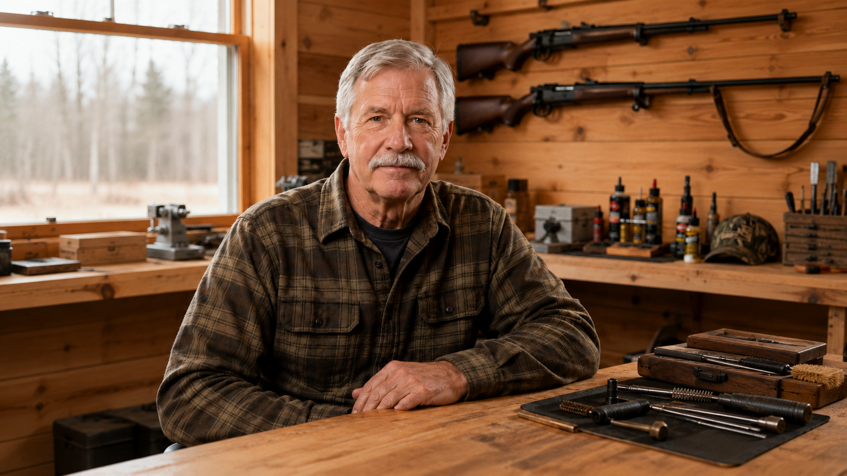 Dean Walker at his workbench with rifles and cleaning tools